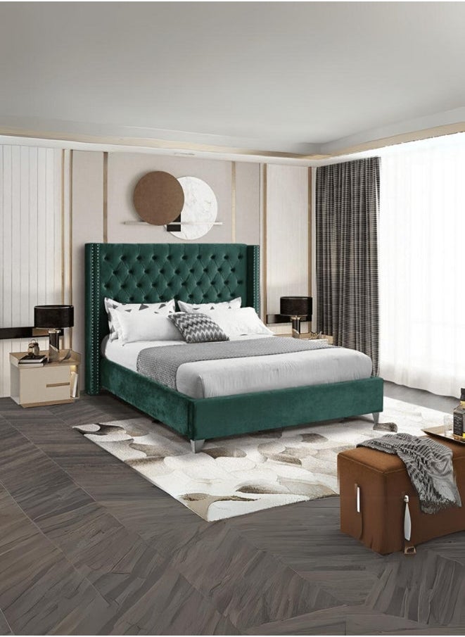 Bed and Mattress Zone Fabric Tufted Upholstered Bed 200x160 Queen Size Green Color 