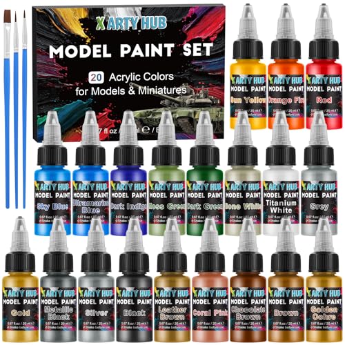 X ARTY HUB Model Paint Set - 20 Colors with 3 Brushes, Miniature Paints (Base/Skin Tones/Shadows/Metallics) for Airbrushing & Hand Painting, Acrylic Paint for Models, Miniatures & Wargaming Props - Image 1