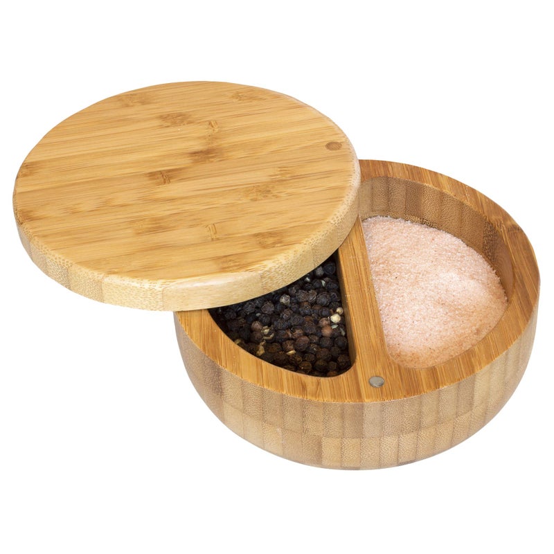 Totally Bamboo Salt Keeper Duet Salt and Pepper Bowl, Cellar and Storage Box with Two Compartments, Magnetic Swivel Lid - Image 4