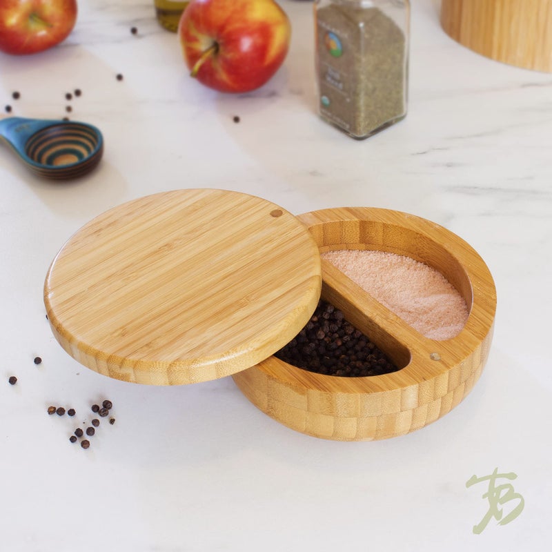 Totally Bamboo Salt Keeper Duet Salt and Pepper Bowl, Cellar and Storage Box with Two Compartments, Magnetic Swivel Lid - Image 3