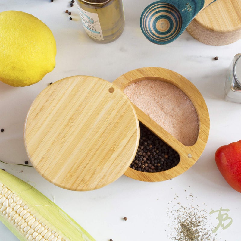 Totally Bamboo Salt Keeper Duet Salt and Pepper Bowl, Cellar and Storage Box with Two Compartments, Magnetic Swivel Lid - Image 2