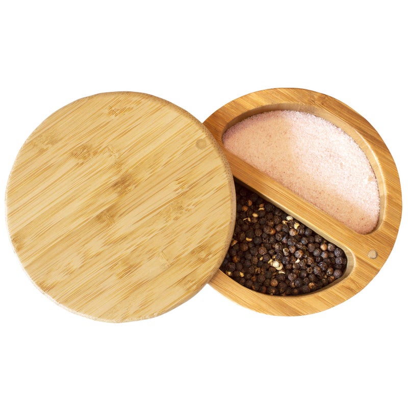 Totally Bamboo Salt Keeper Duet Salt and Pepper Bowl, Cellar and Storage Box with Two Compartments, Magnetic Swivel Lid - Image 1