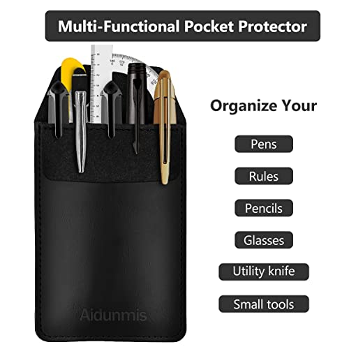Aidunmis Pen Pocket Protector, 2 Pieces PU Leather Pocket Pen Holder Organizer Pouch for Shirts Lab Coats Pants Pen Sleeve - Multi-Purpose Pen Pocket Holds Pens Pointers Pencils and Notes Card - Black - Image 4