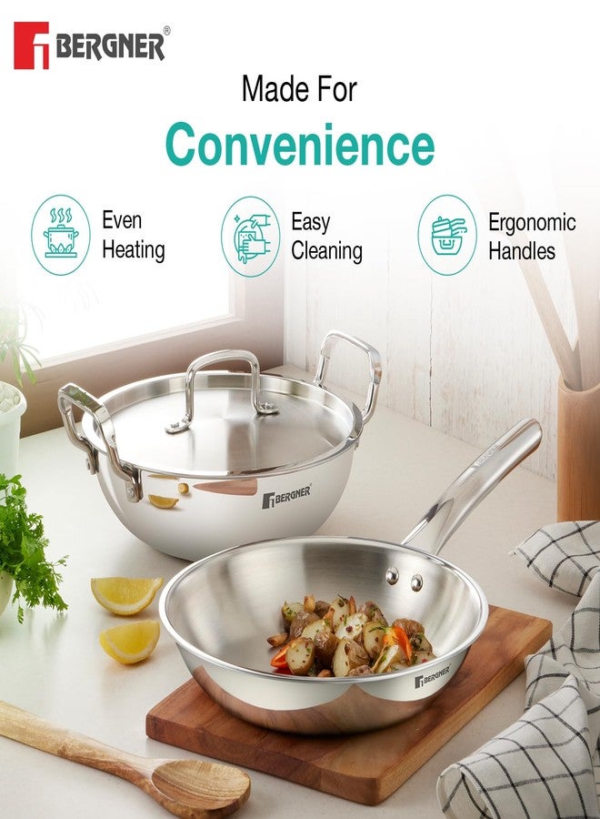 Bergner TriPro 4 Pcs Tri-Ply Stainless Steel Induction Bottom Cookware Set - 22cm (2L) Kadai and 22cm (1L) Frypan with Common Stainless Steel Lid, 14cm (1L) Teapan, Less Oil Use, Easy to Clean - Image 5