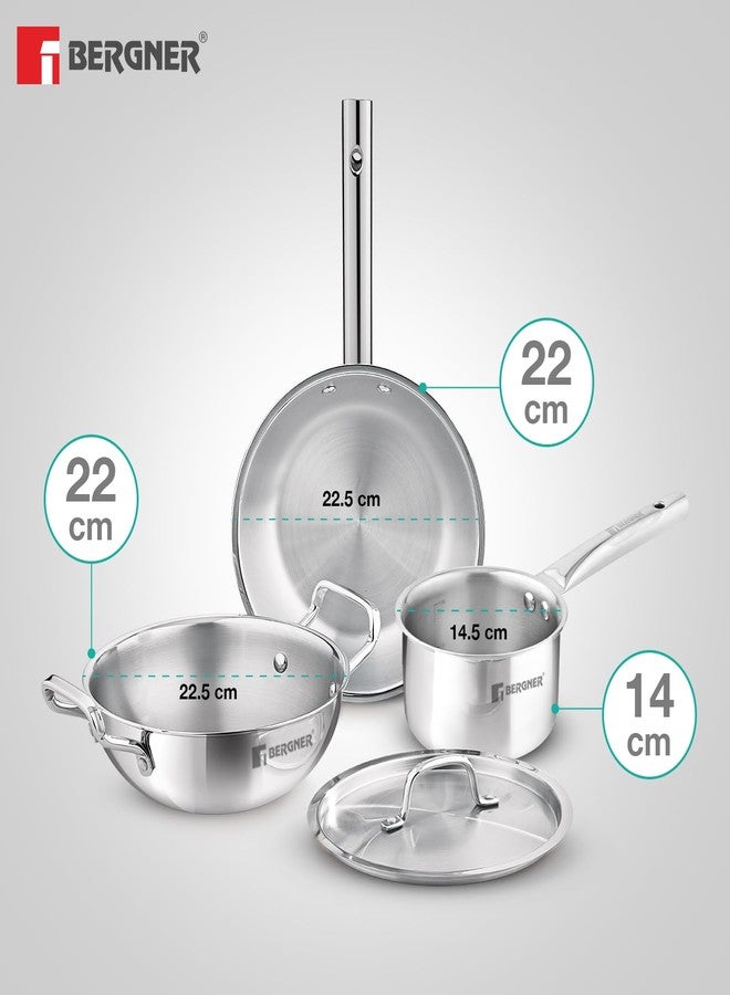 Bergner TriPro 4 Pcs Tri-Ply Stainless Steel Induction Bottom Cookware Set - 22cm (2L) Kadai and 22cm (1L) Frypan with Common Stainless Steel Lid, 14cm (1L) Teapan, Less Oil Use, Easy to Clean - Image 3