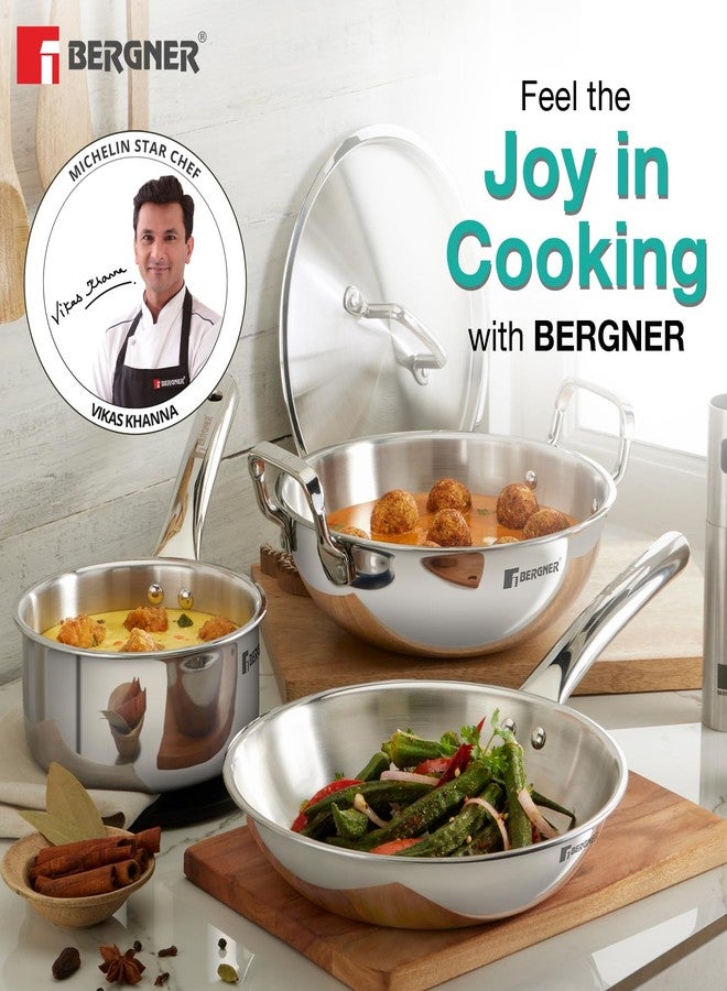 Bergner TriPro 4 Pcs Tri-Ply Stainless Steel Induction Bottom Cookware Set - 22cm (2L) Kadai and 22cm (1L) Frypan with Common Stainless Steel Lid, 14cm (1L) Teapan, Less Oil Use, Easy to Clean - Image 2
