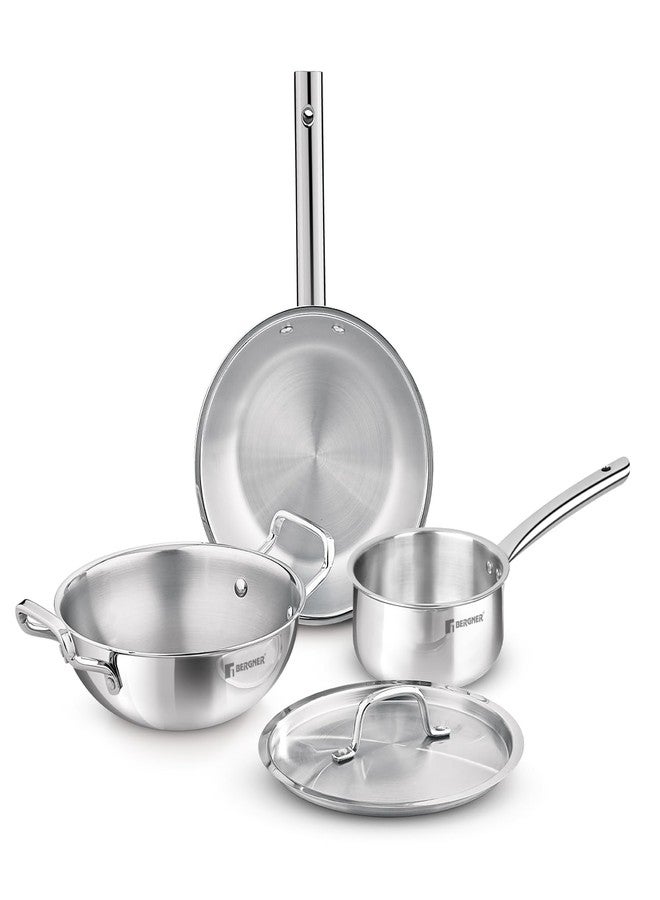 Bergner TriPro 4 Pcs Tri-Ply Stainless Steel Induction Bottom Cookware Set - 22cm (2L) Kadai and 22cm (1L) Frypan with Common Stainless Steel Lid, 14cm (1L) Teapan, Less Oil Use, Easy to Clean - Image 1