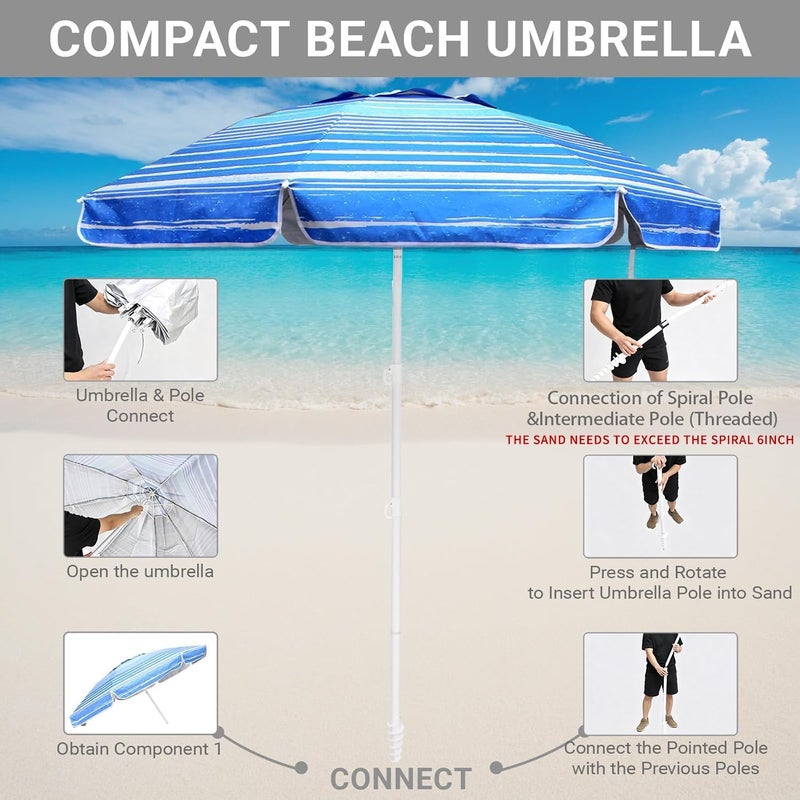 LOTTAFUN Striped Beach Umbrella, Blue and White Pattern, Sun Protection - Image 2