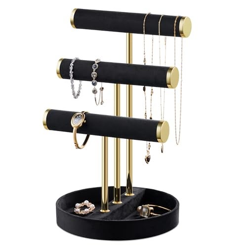 bussdis Bracelet Holder Jewelry Organizer Display 3 Tier T Bar Velvet Stand Black Necklace Holder Organizer Bracelet Holder Earring Holder and Ring Display for Jewelry Organizers and Storage - Image 1