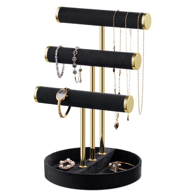 bussdis Bracelet Holder Jewelry Organizer Display 3 Tier T Bar Velvet Stand Black Necklace Holder Organizer Bracelet Holder Earring Holder and Ring Display for Jewelry Organizers and Storage - Image 2