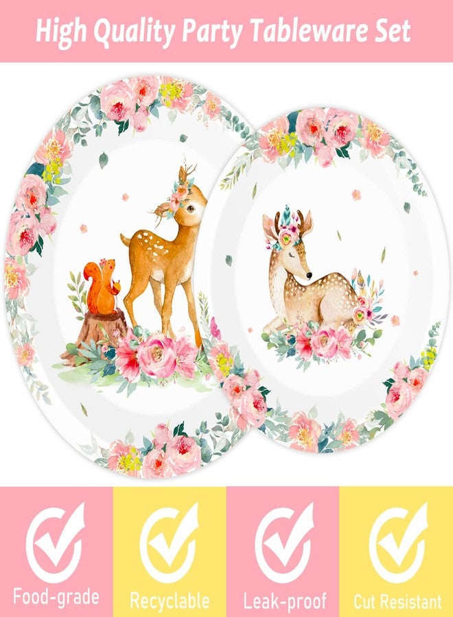 تفكس جيه مجموعة أدوات مائدة لحفل استقبال الطفل من Tevxj مكونة من 96 قطعة، مصنوعة من مواد طبيعية، وأطباق طعام سفاري وردية للبنات، وأطباق حفلات الغابة، ومناديل وشوك لحيوانات الغابة والغزلان والزهور، ومستلزمات ديكورات الحفلات، تكفي 24 ضيفًا - Image 4