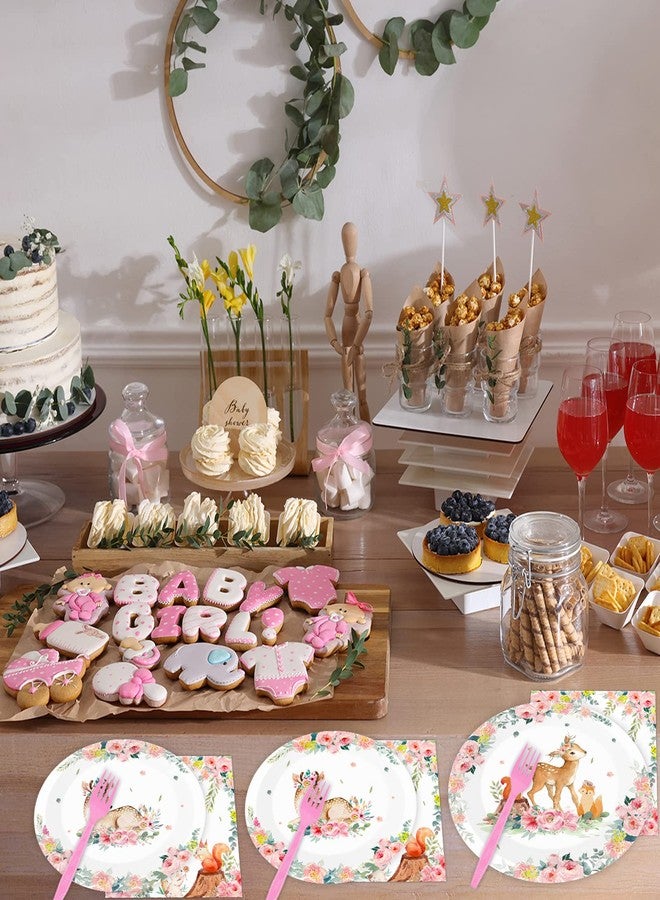 تفكس جيه مجموعة أدوات مائدة لحفل استقبال الطفل من Tevxj مكونة من 96 قطعة، مصنوعة من مواد طبيعية، وأطباق طعام سفاري وردية للبنات، وأطباق حفلات الغابة، ومناديل وشوك لحيوانات الغابة والغزلان والزهور، ومستلزمات ديكورات الحفلات، تكفي 24 ضيفًا - Image 5