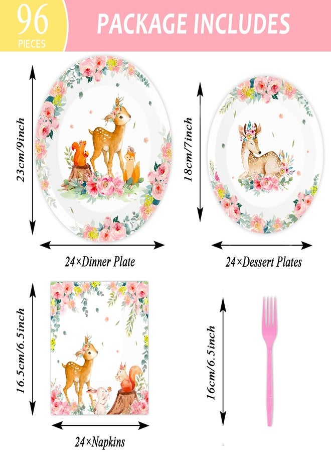 تفكس جيه مجموعة أدوات مائدة لحفل استقبال الطفل من Tevxj مكونة من 96 قطعة، مصنوعة من مواد طبيعية، وأطباق طعام سفاري وردية للبنات، وأطباق حفلات الغابة، ومناديل وشوك لحيوانات الغابة والغزلان والزهور، ومستلزمات ديكورات الحفلات، تكفي 24 ضيفًا - Image 2