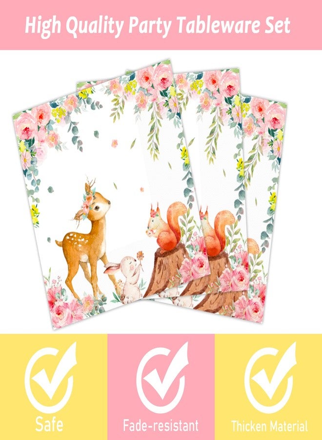تفكس جيه مجموعة أدوات مائدة لحفل استقبال الطفل من Tevxj مكونة من 96 قطعة، مصنوعة من مواد طبيعية، وأطباق طعام سفاري وردية للبنات، وأطباق حفلات الغابة، ومناديل وشوك لحيوانات الغابة والغزلان والزهور، ومستلزمات ديكورات الحفلات، تكفي 24 ضيفًا - Image 3