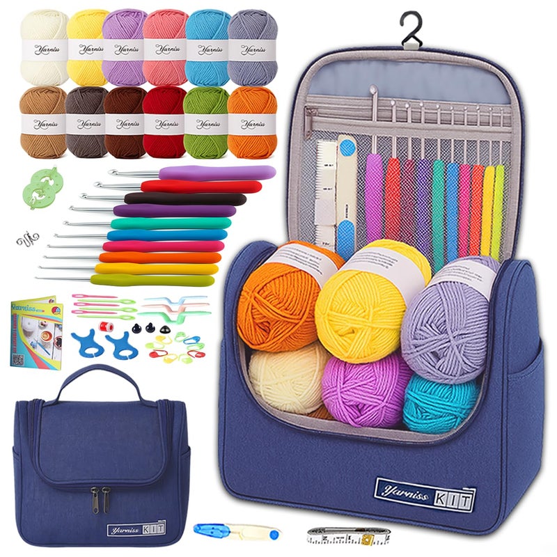 Yarniss Crochet Kits for Beginners,All in One Crochet Kits with 840 Yards Crochet Yarn,Ergonomic Crochet Hooks Set with Yarn for Adults,Navy - Image 1