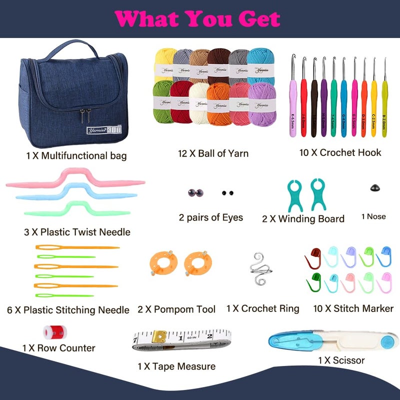 Yarniss Crochet Kits for Beginners,All in One Crochet Kits with 840 Yards Crochet Yarn,Ergonomic Crochet Hooks Set with Yarn for Adults,Navy - Image 5
