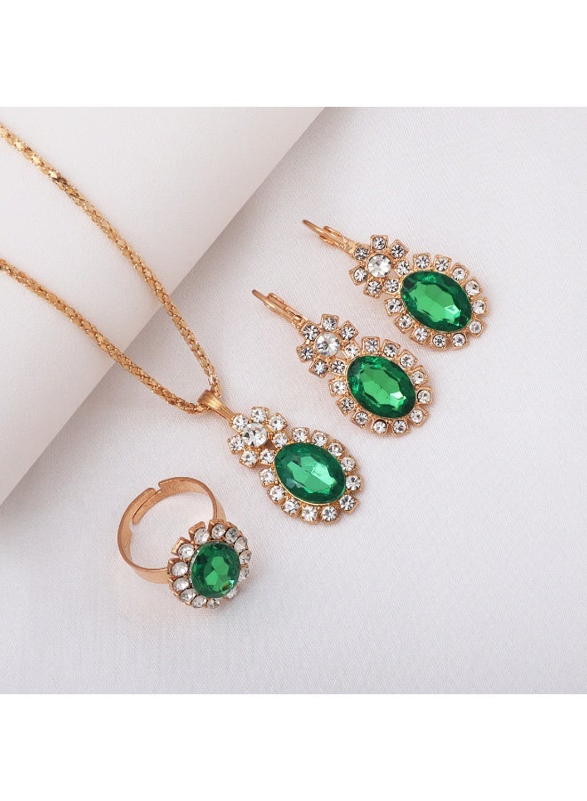 إينوشا طقم الزمرد الأخضر على الطراز القديم - مجموعة ثلاثية كاملة من القلادة المتدلية والأقراط الطويلة والخاتم الفاخر - Image 1