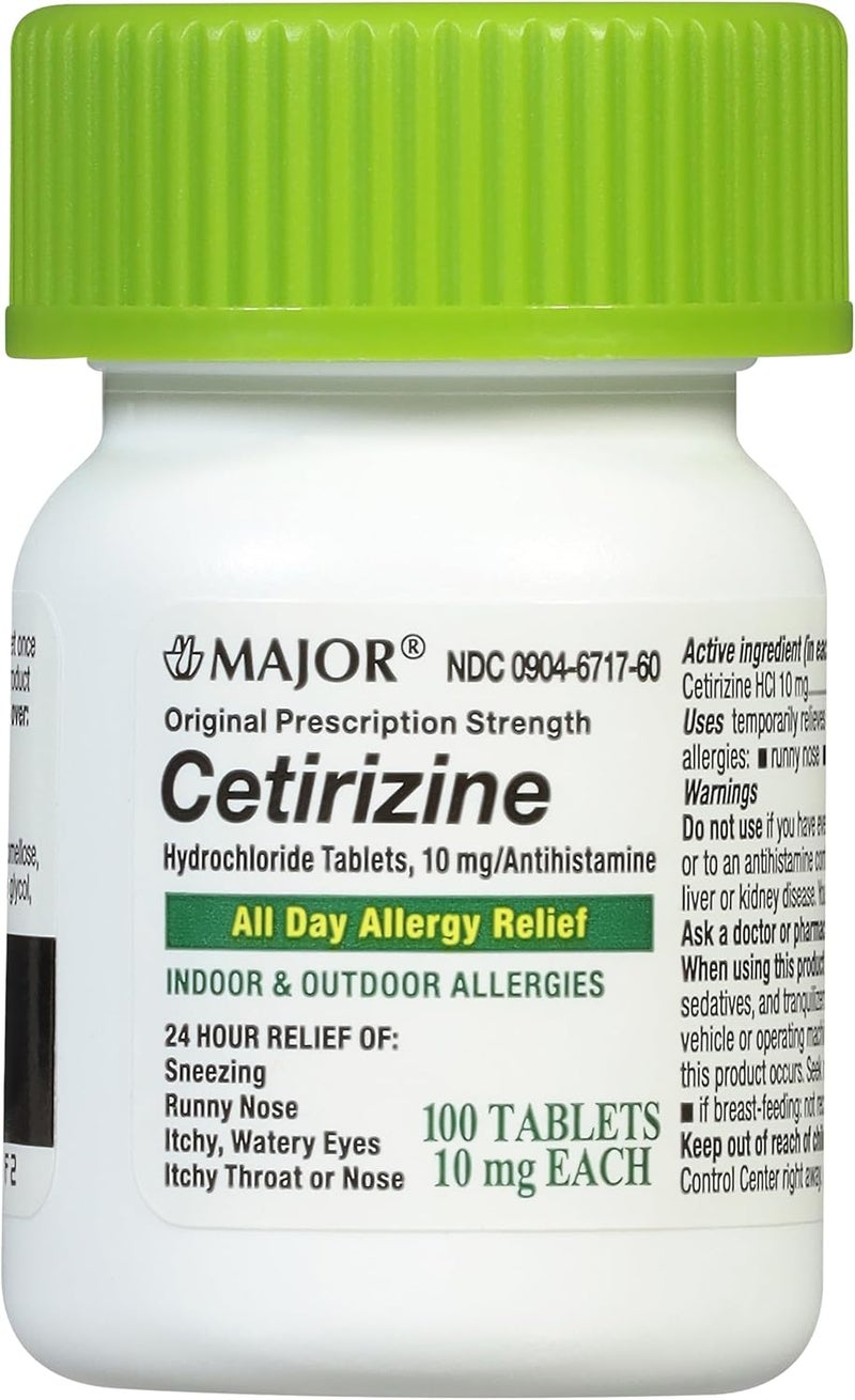 MAJOR أقراص سيتيريزين هيدروكلوريد من ماجور 24 ساعة لتخفيف الحساسية الداخلية والخارجية من العطس، العيون الدامعة، الحلق أو الأنف المثير للحكة 10 ملغ 100 حبة 1 عبوة - Image 1