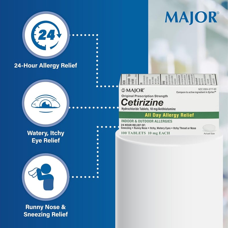 MAJOR أقراص سيتيريزين هيدروكلوريد من ماجور 24 ساعة لتخفيف الحساسية الداخلية والخارجية من العطس، العيون الدامعة، الحلق أو الأنف المثير للحكة 10 ملغ 100 حبة 1 عبوة - Image 3