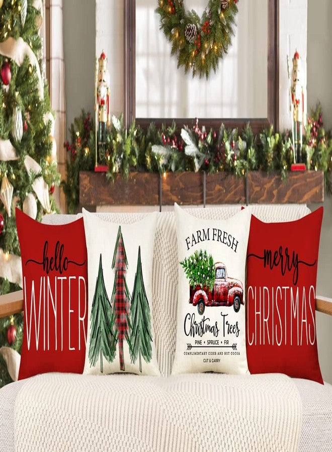 4TH Emotion Red Christmas Pillow Covers 18x18 Set of 4 Farmhouse Decorations Merry Tree Truck Hello Winter Holiday Decor Throw Cushion Case for Home Couch S22C34 - Image 2