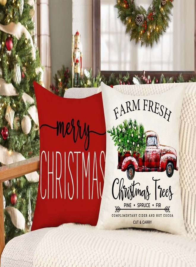 4TH Emotion Red Christmas Pillow Covers 18x18 Set of 4 Farmhouse Decorations Merry Tree Truck Hello Winter Holiday Decor Throw Cushion Case for Home Couch S22C34 - Image 4