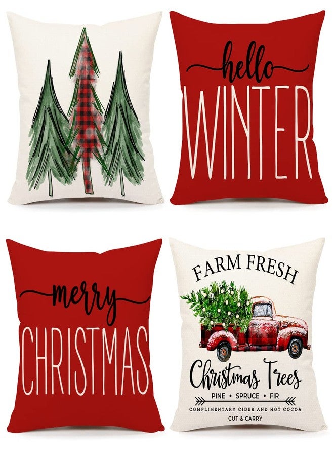 4TH Emotion Red Christmas Pillow Covers 18x18 Set of 4 Farmhouse Decorations Merry Tree Truck Hello Winter Holiday Decor Throw Cushion Case for Home Couch S22C34 - Image 1