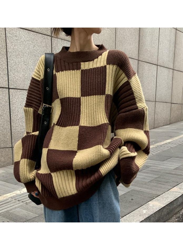Generic - Chessboard Pattern Womens Sweater Lazy Style Knitted Shirt Geometric Design Polyester Fiber Long Sleeve round Neck Comfortable Casual Camel - Image 1