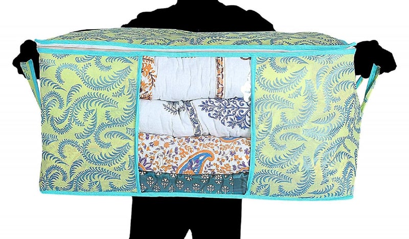 Kuber Industries 2 Pcs NonWoven Metallic Print Non Woven Underbed BagStorage OrganiserBlanket Cover with Transparent WindowStorage Bag for Clothes Large Olive Green - Image 4