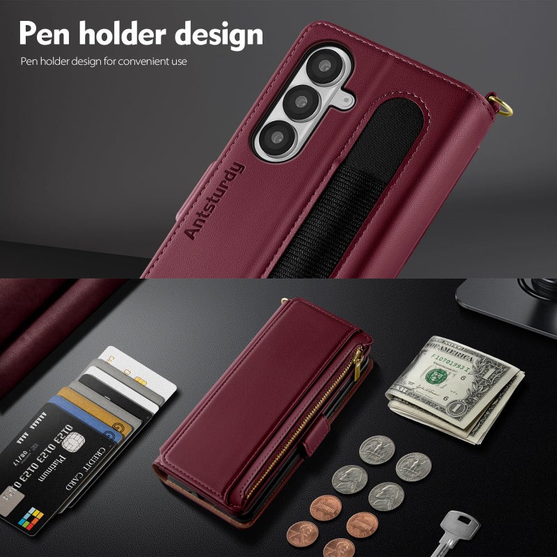 Antsturdy Compatible with Samsung Galaxy Z Fold7 Case Wallet with Card Holder,Z Fold 7 5G Phone Case with Strap Shockproof PU Leather RFID Blocking Flip Cover Credit Card Slots Women Men,Wine Red - Image 2