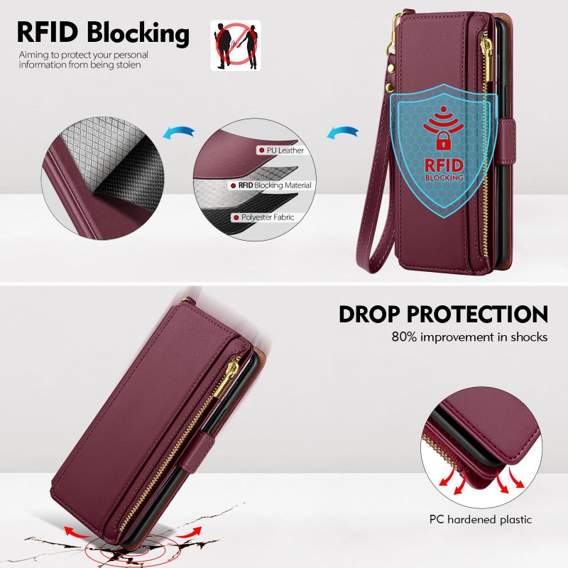 Antsturdy Compatible with Samsung Galaxy Z Fold7 Case Wallet with Card Holder,Z Fold 7 5G Phone Case with Strap Shockproof PU Leather RFID Blocking Flip Cover Credit Card Slots Women Men,Wine Red - Image 4