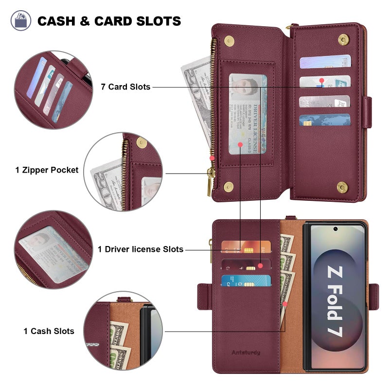 Antsturdy Compatible with Samsung Galaxy Z Fold7 Case Wallet with Card Holder,Z Fold 7 5G Phone Case with Strap Shockproof PU Leather RFID Blocking Flip Cover Credit Card Slots Women Men,Wine Red - Image 5