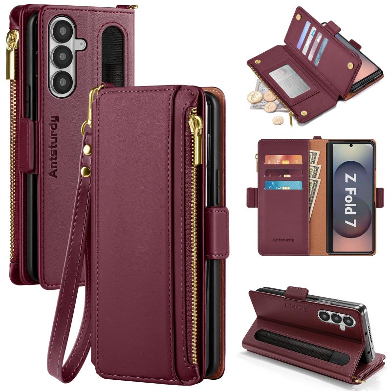 Antsturdy Compatible with Samsung Galaxy Z Fold7 Case Wallet with Card Holder,Z Fold 7 5G Phone Case with Strap Shockproof PU Leather RFID Blocking Flip Cover Credit Card Slots Women Men,Wine Red - Image 1