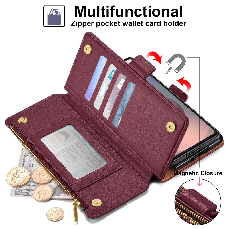 Antsturdy Compatible with Samsung Galaxy Z Fold7 Case Wallet with Card Holder,Z Fold 7 5G Phone Case with Strap Shockproof PU Leather RFID Blocking Flip Cover Credit Card Slots Women Men,Wine Red - Image 3