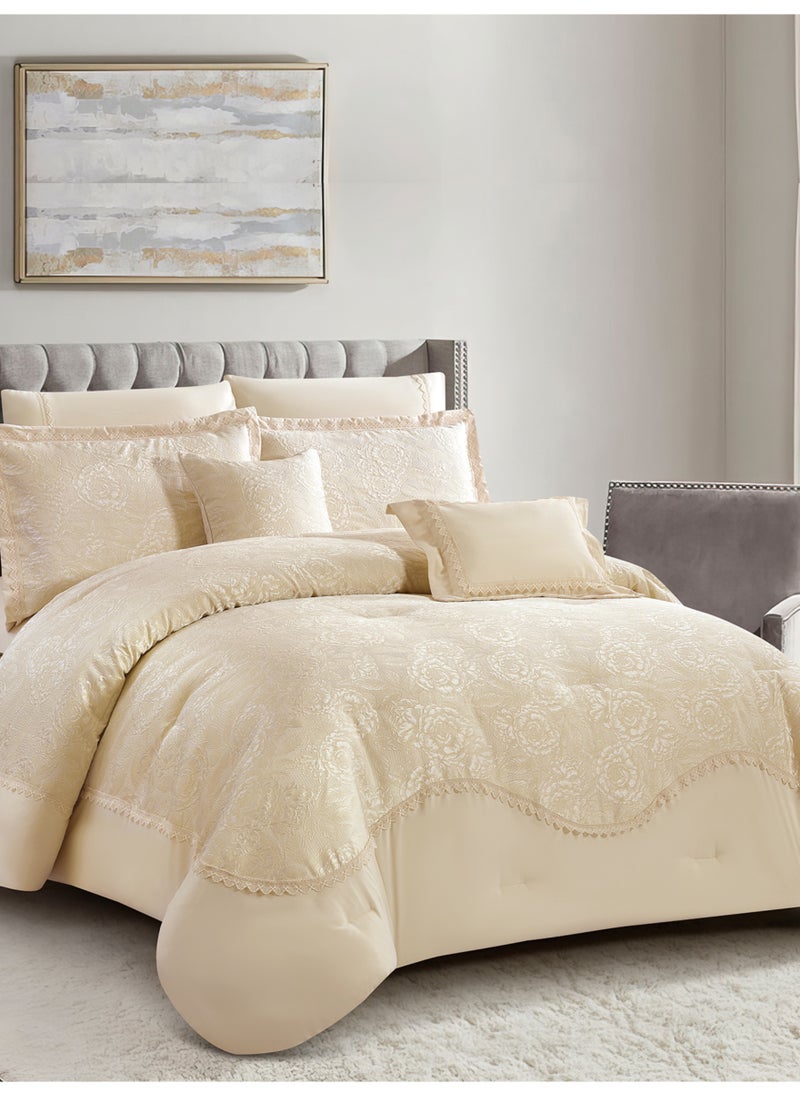 Donetella Premium King Size Comforter Set 8-Pcs, Elegant Jacquard Bedding Set with 350 GSM Poly Silk Fill, Soft & Luxurious All Season Bed Set  - Image 1
