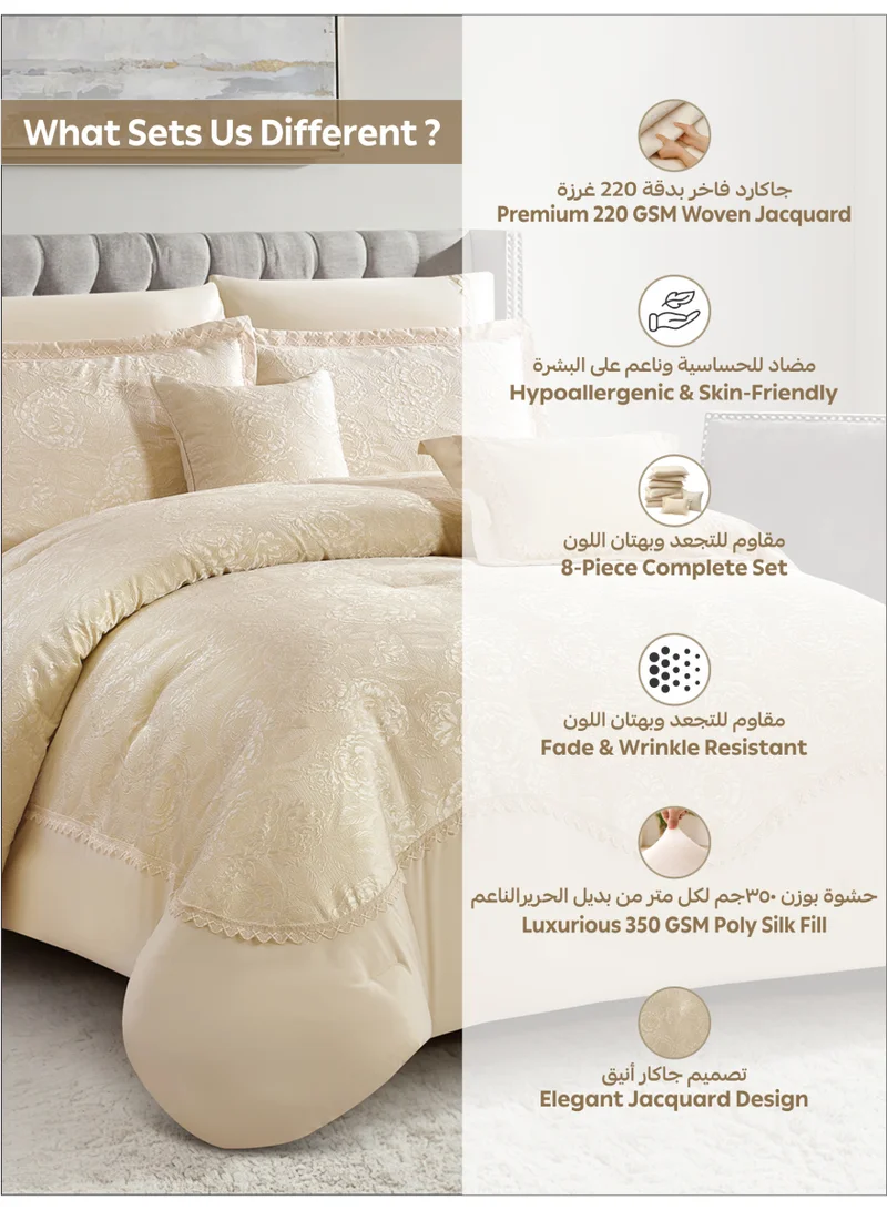 Donetella Premium King Size Comforter Set 8-Pcs, Elegant Jacquard Bedding Set with 350 GSM Poly Silk Fill, Soft & Luxurious All Season Bed Set