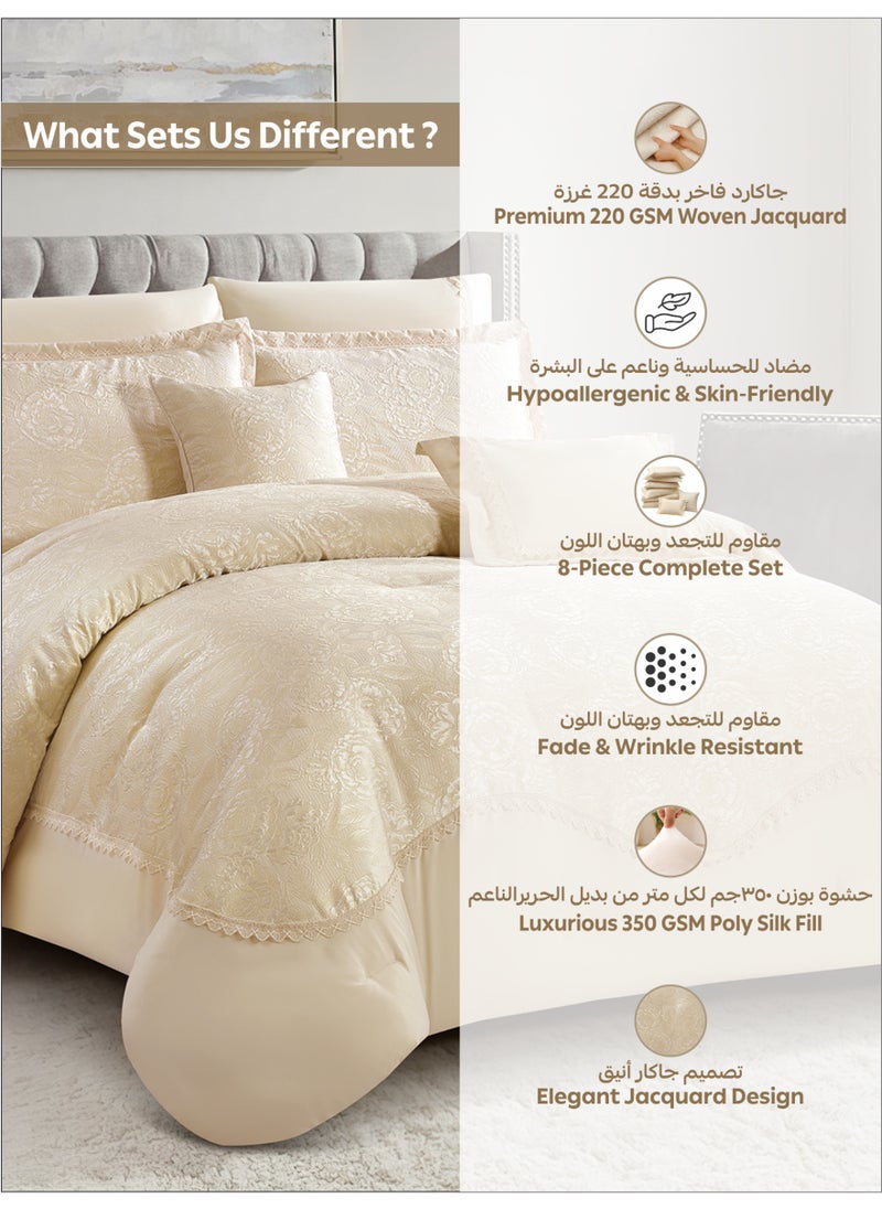 Premium King Size Comforter Set 8-Pcs, Elegant Jacquard Bedding Set with 350 GSM Poly Silk Fill, Soft & Luxurious All Season Bed Set