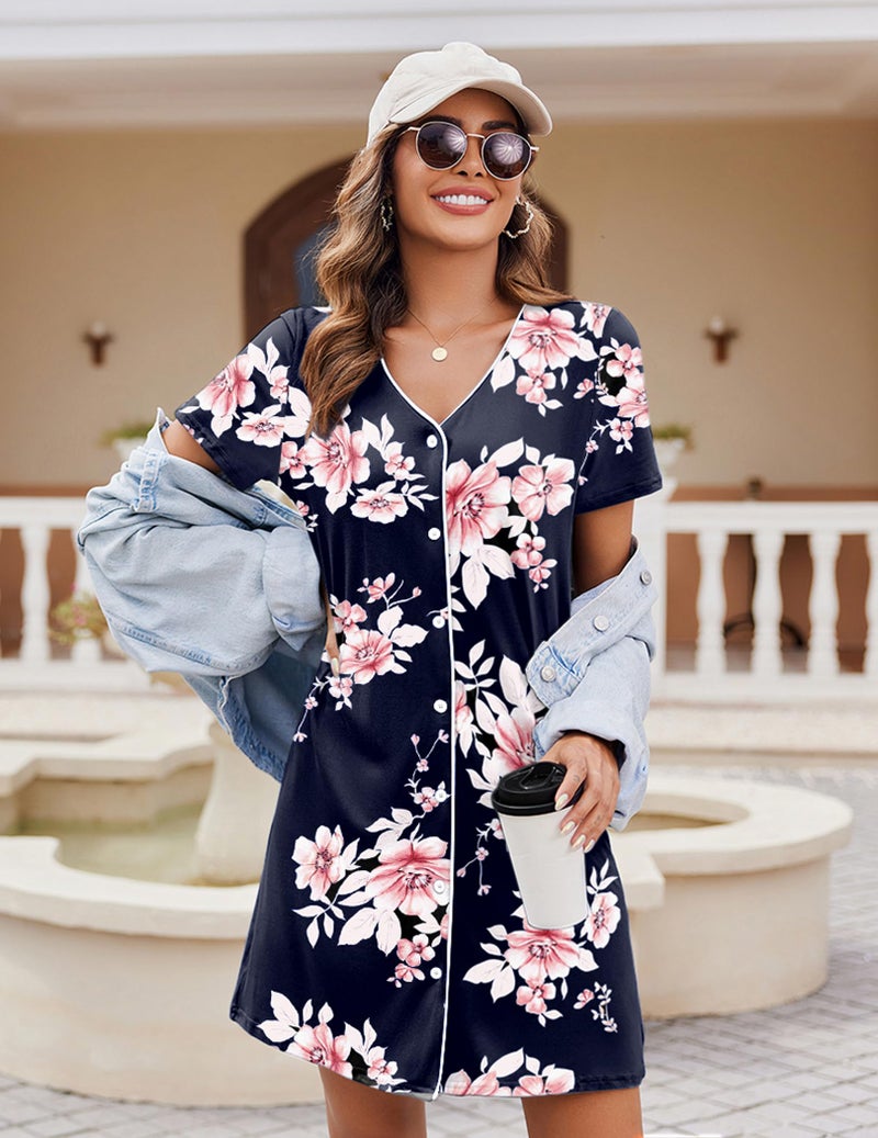 Ekouaer Women's Nightgown Button Down Nightshirt Short Sleeve Sleepshirt Soft V Neck Sleepwear Pajama Dress Navy Floral M - Image 2