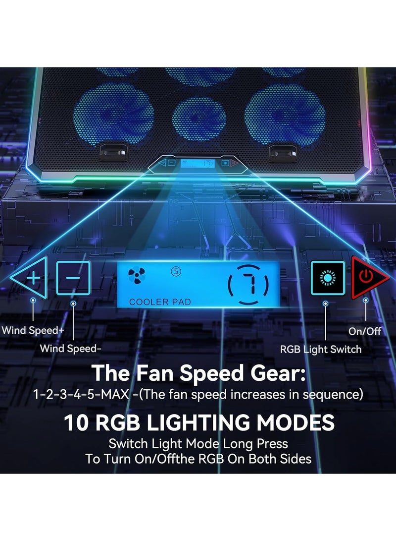 RGB Cooling Pad Gaming Laptop Cooler, Laptop Fan Cooling Stand with 6 Quiet for 15.6-17.3 inch laptops, 9 Height Stand, LED Lights  LCD Screen, 2 USB Ports, Lap Desk Use - Image 4