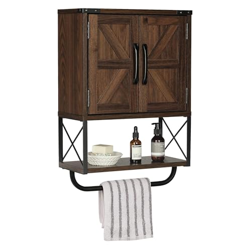 RUSTOWN Farmhouse Rustic Medicine Cabinet with Two Barn Door,Wood Wall Mounted Storage Cabinet with Adjustable Shelf and Towel Bar, 3-Tier Cabinet for Bathroom(Dark Walnut) - Image 1
