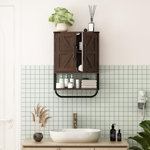 RUSTOWN Farmhouse Rustic Medicine Cabinet with Two Barn Door,Wood Wall Mounted Storage Cabinet with Adjustable Shelf and Towel Bar, 3-Tier Cabinet for Bathroom(Dark Walnut) - Image 2