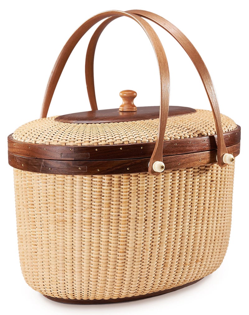 Teng Tian Teng Tian Nantucket Style Basket Picnic Basket Rattan Handmade Products Woven Sewing Storage Basket Two Swing Handles Tote Bag for Women 