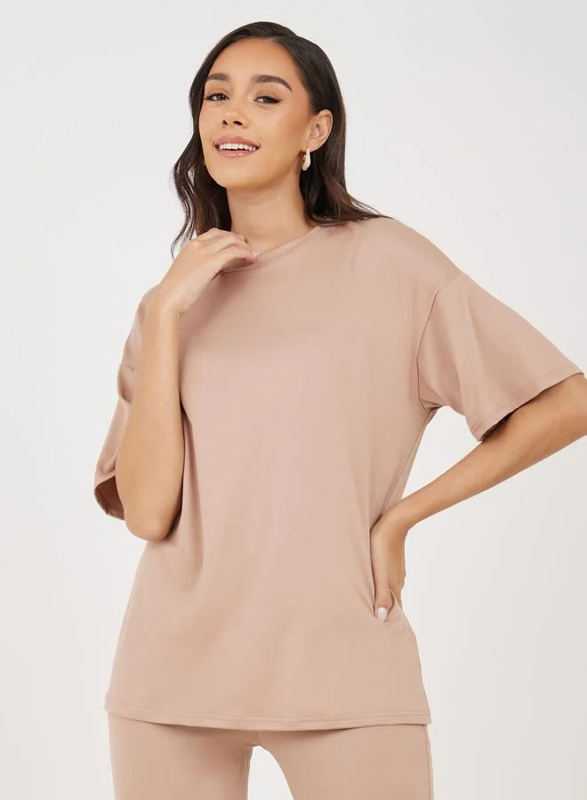 Styli Back Slogan Print Oversized T-Shirt & Flared Joggers Co-Ords