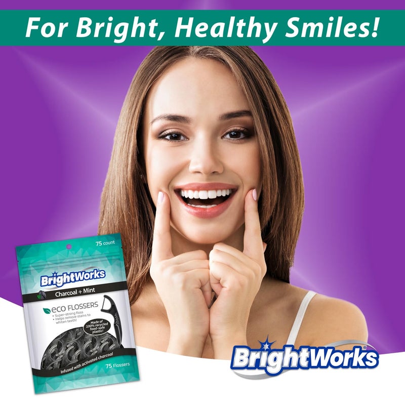 Brightworks ECO Sustainable Floss Picks - 225 Count - PFAS Free - Made in USA Charcoal + Mint Infused 100% Post-Consumer Recycled Plastic with Micro-Crystals for Oral Care Hygiene Gum Health - Image 3