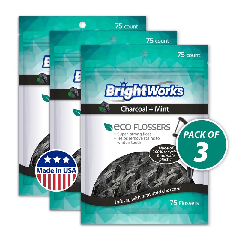 Brightworks ECO Sustainable Floss Picks - 225 Count - PFAS Free - Made in USA Charcoal + Mint Infused 100% Post-Consumer Recycled Plastic with Micro-Crystals for Oral Care Hygiene Gum Health - Image 2