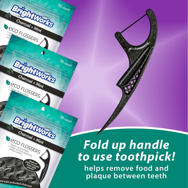 Brightworks ECO Sustainable Floss Picks - 225 Count - PFAS Free - Made in USA Charcoal + Mint Infused 100% Post-Consumer Recycled Plastic with Micro-Crystals for Oral Care Hygiene Gum Health - Image 5