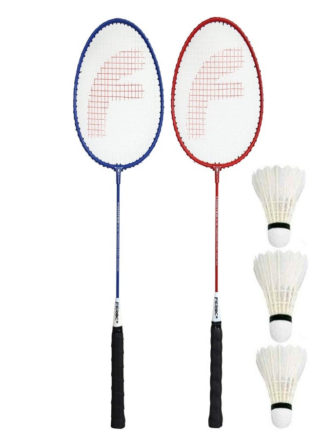 FEROC Fighter Aluminum Badminton Racquet Set of 2 with- 3 Pieces Feather SHUTTLES Badminton kit, Red - Image 1