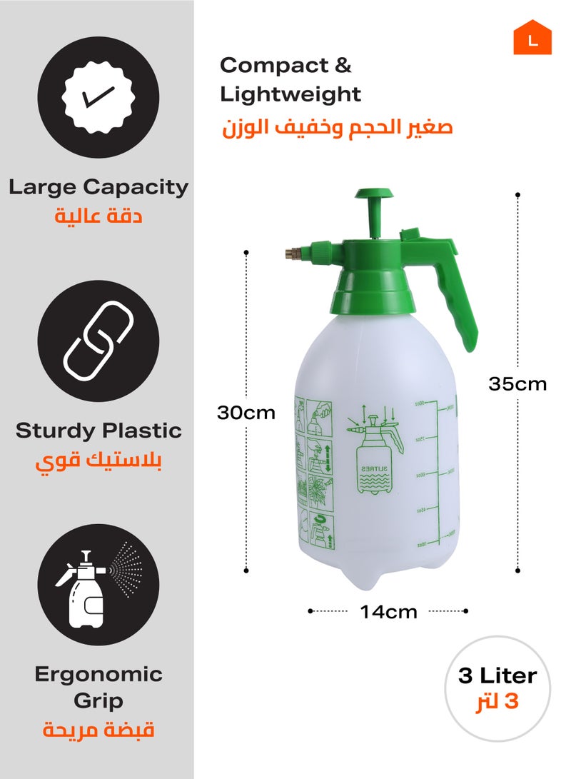 Lawazim Pump Pressure Sprayer Bottle - 3L, White - Handheld Garden Sprayer with Adjustable Nozzle, Measure Marking - for Gardening, Plant Care, Fertilizer Application, Weed Control & Outdoor Cleaning - Image 2