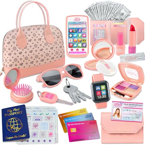 Star Princess Play Purse for Little Girls  Pretend Play Toy Set for Kids Including Handbag Makeup Phone Wallet Smartwatch Passport Credit Cards Keys  Birthday Gift Ideas for Girls Age 3 4 5 6 7 - Image 1