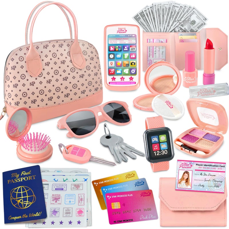 Star Princess Play Purse for Little Girls  Pretend Play Toy Set for Kids Including Handbag Makeup Phone Wallet Smartwatch Passport Credit Cards Keys  Birthday Gift Ideas for Girls Age 3 4 5 6 7 - Image 3