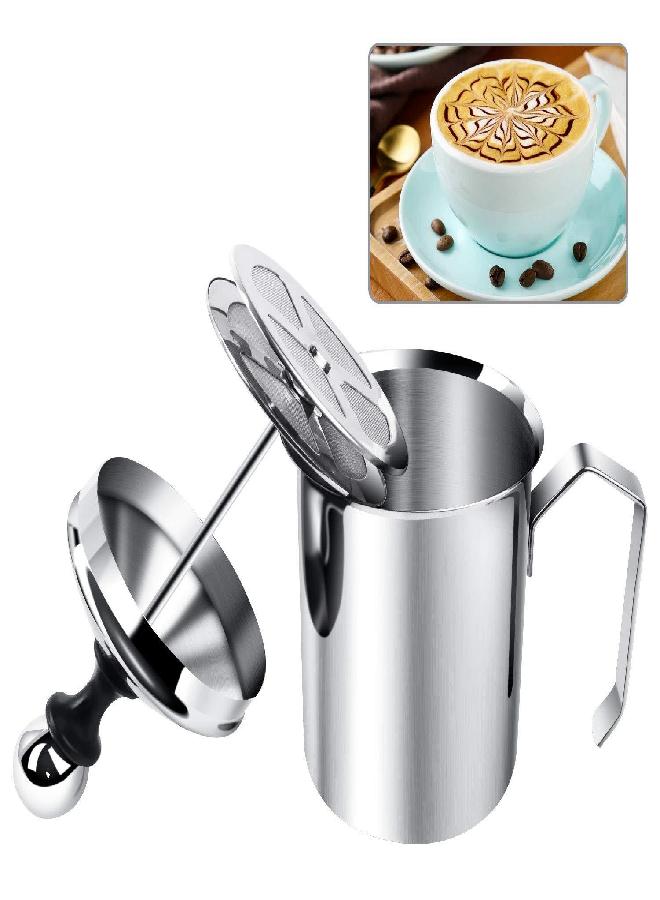HAPTIME Manual Milk Creamer Hand Pump Frother Cappuccino Latte Coffee Foam Pitcher with Handle, Lid, Double Layer Filter Screen, Stainless Steel, 17-Ounce Capacity (500ml)  - Image 2